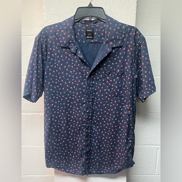 RVCA navy floral print short sleeve button up. Size Large - Picture 1 of 4